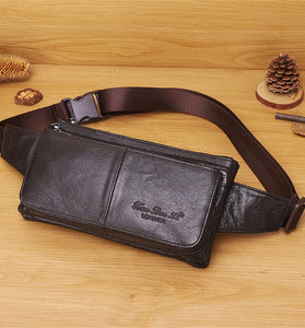 Ekphero Men Genuine Leather Waist Bag Large Capacity Three-layer Zipper Single Shoulder Bag Multifunctional Mini Chest Bag