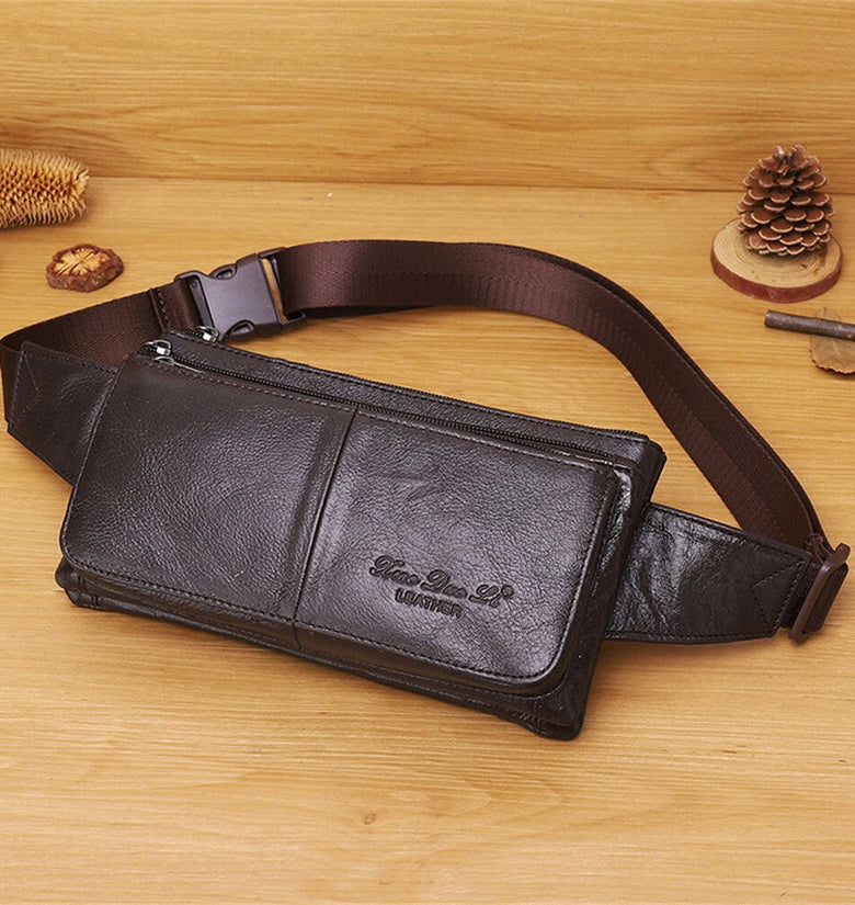 Ekphero Men Genuine Leather Waist Bag Large Capacity Three-layer Zipper Single Shoulder Bag Multifunctional Mini Chest Bag