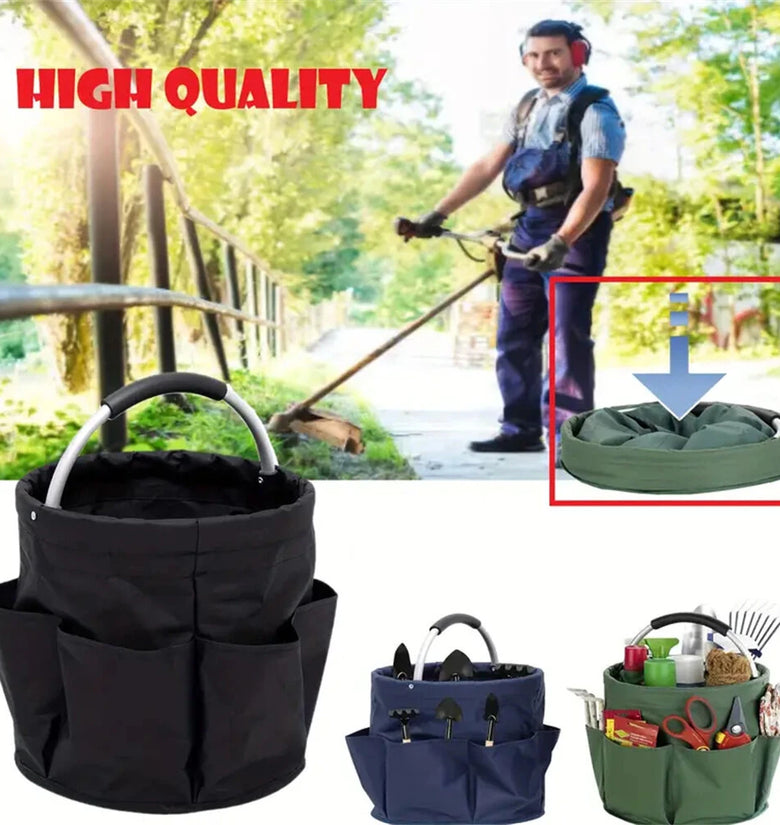600D Oxford Cloth Tool Organizer Bag 17L Foldable Storage Basket with 6 Compartments Zipper Drawstring Carry Handle for Gardening and Travel
