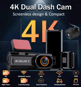 4K Ultra HD Dual Channel Dash Cam 1080P Rear Lens GPS WiFi WDR Night Vision G-Sensor Loop Recording 170 Wide Angle Car Recorder