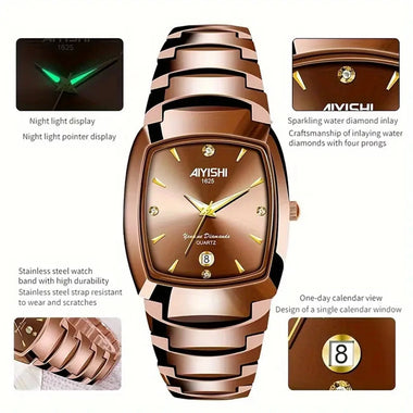 AIYISHI Luxury Men's Square Quartz Watch Steel Strap Casual Business Wristwatch Waterproof Luminous Date Design Comfortable Stylish