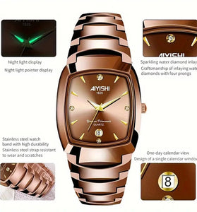 AIYISHI Luxury Men's Square Quartz Watch Steel Strap Casual Business Wristwatch Waterproof Luminous Date Design Comfortable Stylish