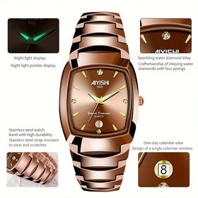 AIYISHI Luxury Men's Square Quartz Watch Steel Strap Casual Business Wristwatch Waterproof Luminous Date Design Comfortable Stylish