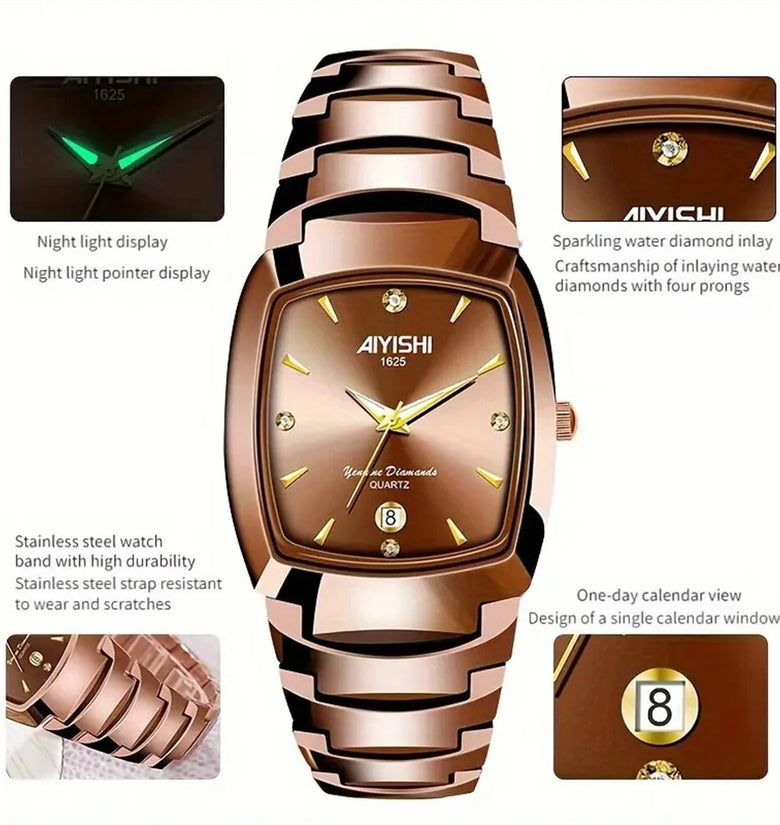 AIYISHI Luxury Men's Square Quartz Watch Steel Strap Casual Business Wristwatch Waterproof Luminous Date Design Comfortable Stylish