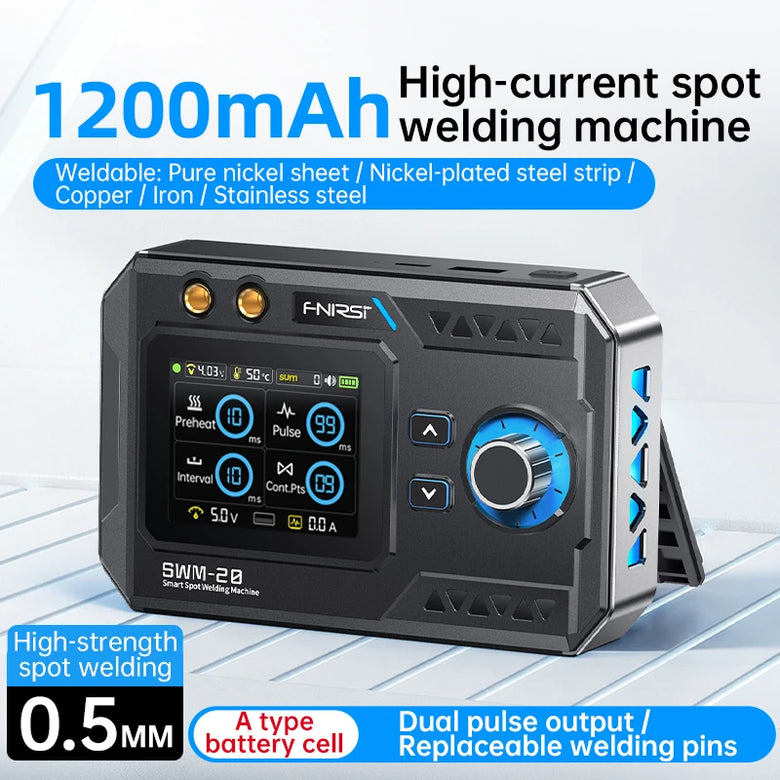 FNIRSI SWM-20 Dual Pulse Spot Welding Machine 5000mAh Battery Rechargeable 1200A High Current 0.5mm Welding Adjustable Support Frame Nickel Iron Stainless Steel Sheets Welding