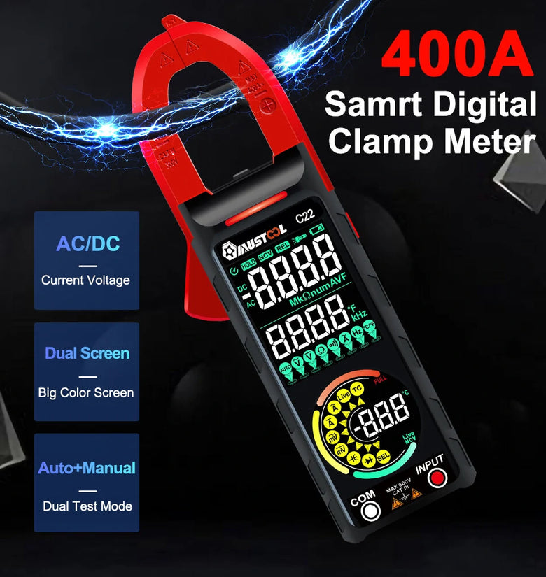 2024NEW Mustool C22 Digital Clamp Meter 400A High Precision AC/DC Current Measure with Live Wire Recognition NCV Induction Detection Dual VA Color Screen