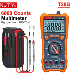 NJTY T28B TRMS Digital Multimeter 6000 Counts True RMS 20A Input AC DC Voltage Current Resistance Temperature Continuity Capacitance Measurement Battery Powered Non Slip