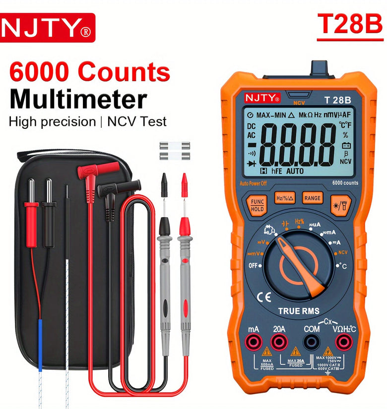 NJTY T28B TRMS Digital Multimeter 6000 Counts True RMS 20A Input AC DC Voltage Current Resistance Temperature Continuity Capacitance Measurement Battery Powered Non Slip