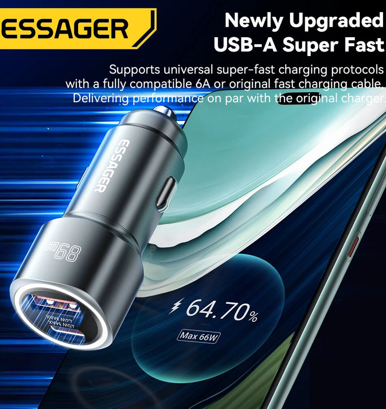 ESSAGER ES-CC16 89W 2-Port USB PD Car Charger Adapter USB-A+USB-C PD QC3.0 Support FCP SCP VOOC Fast Charging for iPhone 15 14 13 Pro for Huawei Nova Flip for Samsung Galaxy Z Flip6