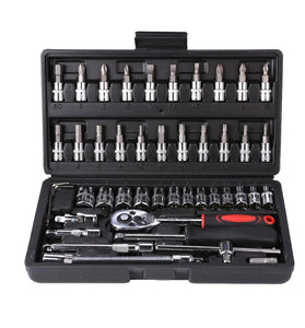 46Pcs Socket Wrench Set Combo Tool Auto Repair Screwdriver Combination 1/4 Inch Ratchet Wrench Set with Metric Drill Bit Socket Extension Bar for Auto Repair Engine Maintenance