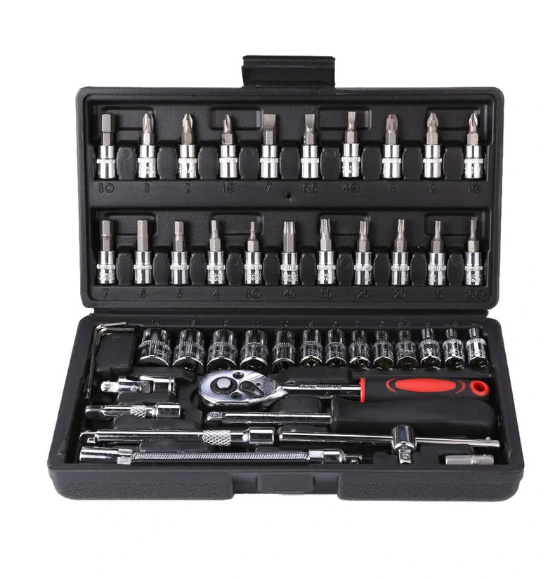 46Pcs Socket Wrench Set Combo Tool Auto Repair Screwdriver Combination 1/4 Inch Ratchet Wrench Set with Metric Drill Bit Socket Extension Bar for Auto Repair Engine Maintenance