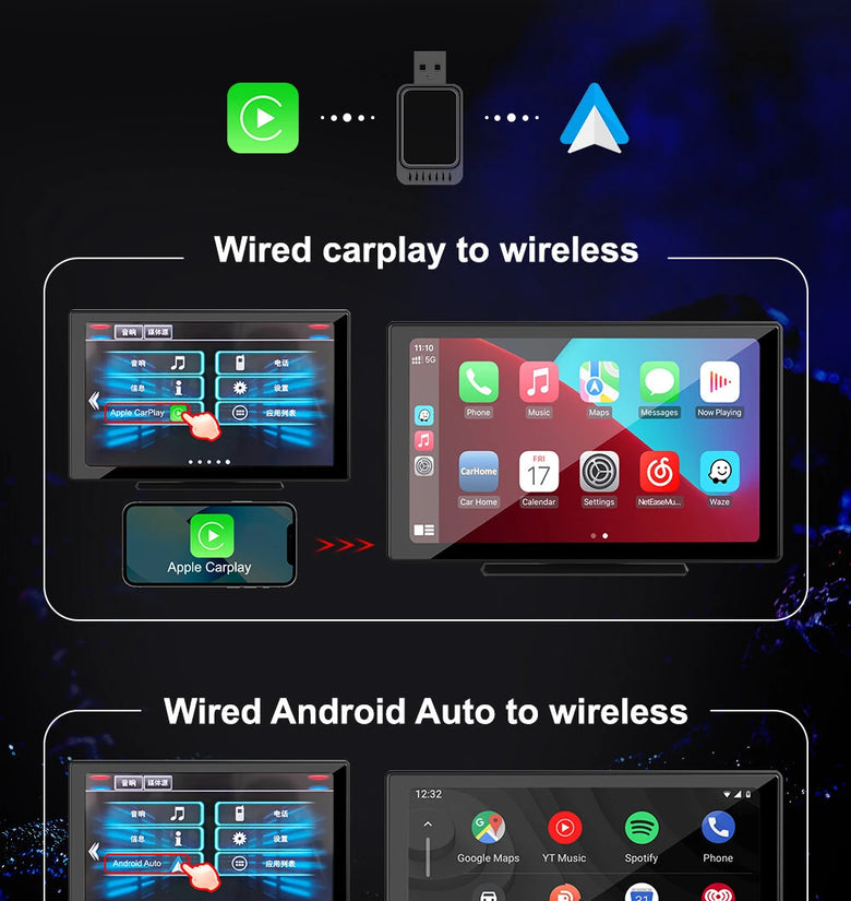 2-in-1 Wireless CarPlay Android Auto Box CP/AA Adapter 5G Wifi & BT 5.0 Support Mobile Phones Vehicles