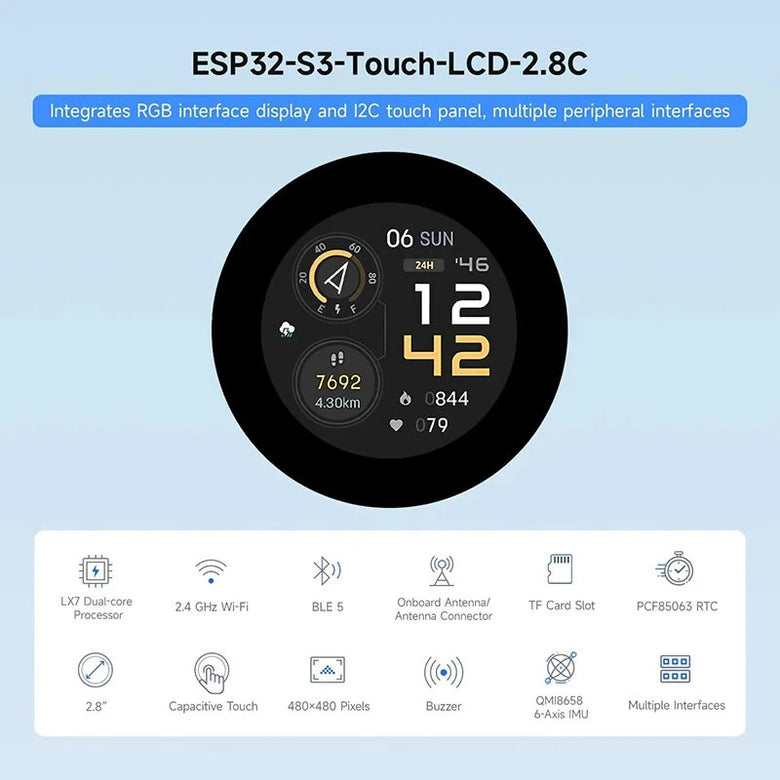 ESP32-S3 2.8 inch IPS Touchscreen LCD Development Board Dual-Core Processor Wi-Fi Bluetooth BLE 5 I2C Interface 480x480 Resolution