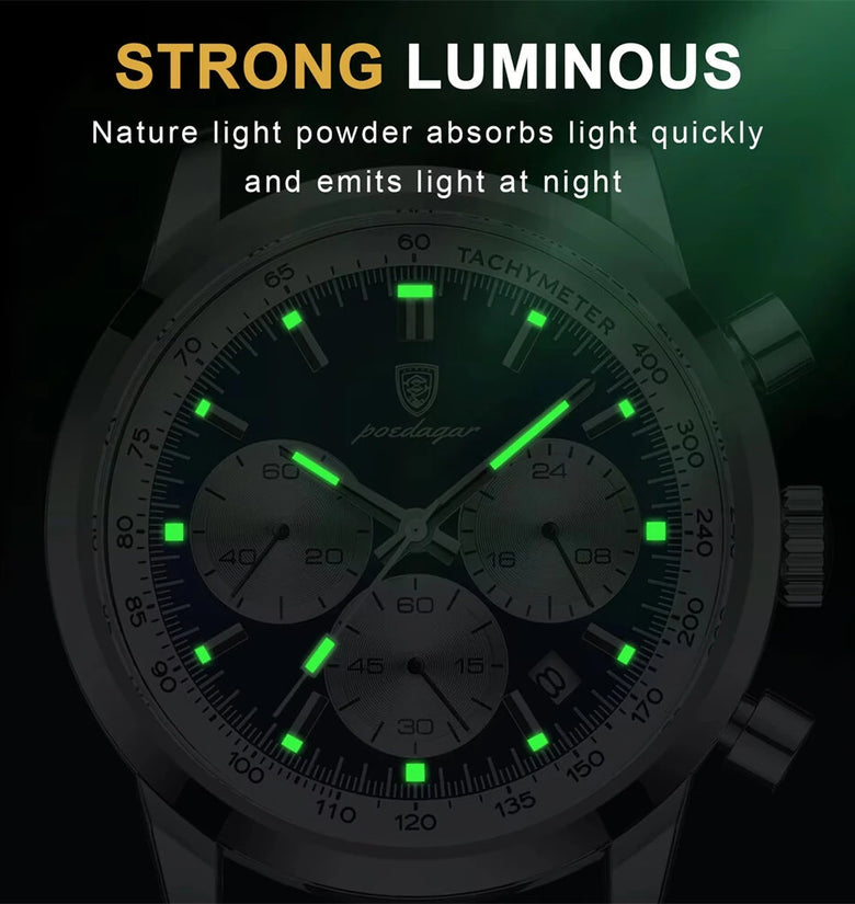 POEDAGAR Luxury Men's Business Casual Quartz Watch Luminous Waterproof Date Week Fashion Tonneau Case Stainless Steel Wristwatch