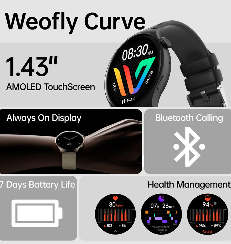 Weofly Curve 1.43inch AMOLED Display bluetooth Call Heart Rate Blood Pressure Blood Oxygen Monitor Sleep Monitoring Stress Measurement Female Health Multi-sport Modes Music Playback IP68 Waterproof Smart Watch