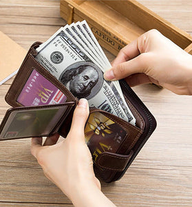 BULLCAPTAIN Genuine Leather Mens Zipper Wallet RFID Blocking Short Wallet Vintage Multi-card Holder Secure Coin Purse Compact Design Money Clip Stylish