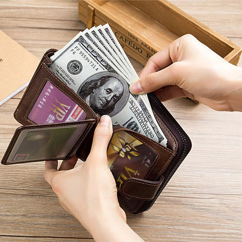 BULLCAPTAIN Genuine Leather Mens Zipper Wallet RFID Blocking Short Wallet Vintage Multi-card Holder Secure Coin Purse Compact Design Money Clip Stylish