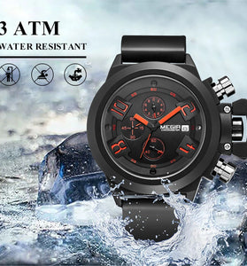 MEGIR Men Multi-functional Watch Sports Chronograph Wristwatch Waterproof Calendar Quartz Watch Comfortable Silicone Strap