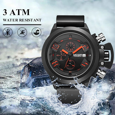 MEGIR Men Multi-functional Watch Sports Chronograph Wristwatch Waterproof Calendar Quartz Watch Comfortable Silicone Strap