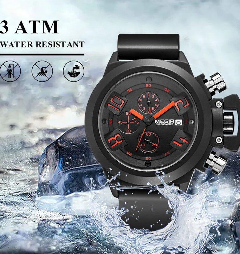 MEGIR Men Multi-functional Watch Sports Chronograph Wristwatch Waterproof Calendar Quartz Watch Comfortable Silicone Strap