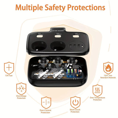 2500W 10A EU Plug Power Strip with 2AC+3USB-A+USB-C Fast Charger Multitap Electrical Wall Socket Extension Cord with On/Off Switch