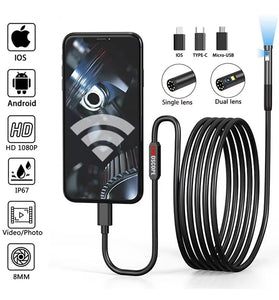 3 in 1 8mm Micro USB/Type-C Endoscope Inspection Dual Lens Camera Waterproof Smartphone Mini Inspection Camera for IOS Android Pipeline Video Borescope