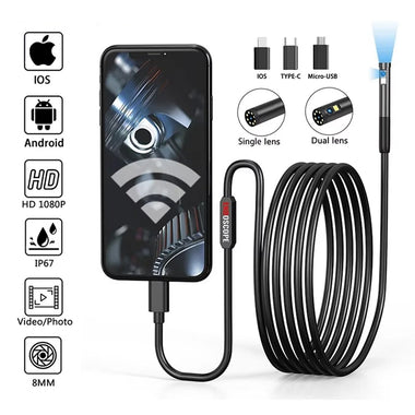 3 in 1 8mm Micro USB/Type-C Endoscope Inspection Dual Lens Camera Waterproof Smartphone Mini Inspection Camera for IOS Android Pipeline Video Borescope