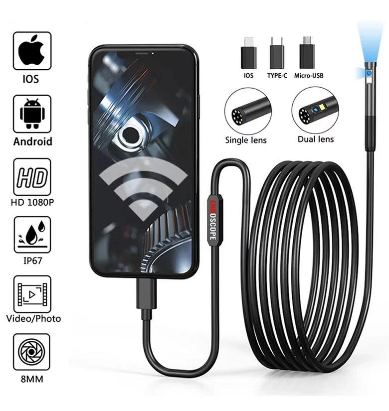 3 in 1 8mm Micro USB/Type-C Endoscope Inspection Dual Lens Camera Waterproof Smartphone Mini Inspection Camera for IOS Android Pipeline Video Borescope