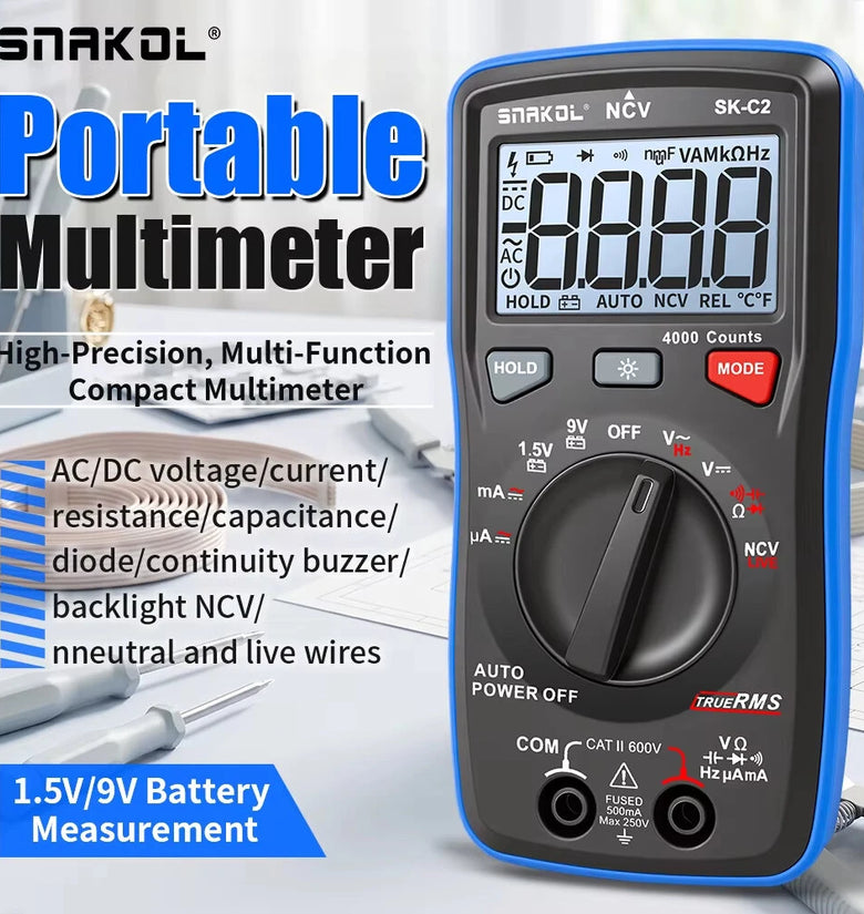 SNAKOL SK-C1 SK-C2 Digital Multimeter 600V 2000 Counts/4000 Counts AC/DC Voltmeter Ammeter Ohmmeter Electrical Tester Meter With NCV Backlight Continuity Live Wire Test
