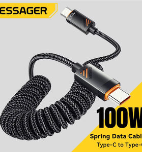 ESSAGER ES-X66 3A/5A 60W/100W Type-C to Type-C Spring Data Cable PD3.0 QC4.0/3.0 FCP Fast Charging Data Transmission Tin-plated Copper Core Line 1.2M/1.8M Long for iPhone 16 16 Pro 15 15Pro Max for Xiaomi 15pro for Samsung Galaxy S25 Ultra
