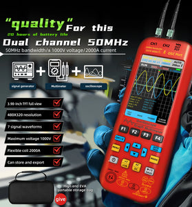 BSIDE O9 2*50MHZ Dual Channel 3in1 Oscilloscope Multimeter Signal Source 3.98inch TFT Display Oscope Meter Handheld Oscilloscope 250MSa/s Sampling Rate with Waveform Save and View Function
