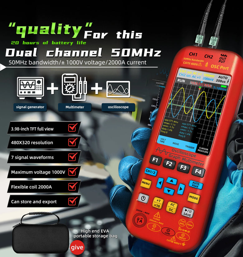BSIDE O9 2*50MHZ Dual Channel 3in1 Oscilloscope Multimeter Signal Source 3.98inch TFT Display Oscope Meter Handheld Oscilloscope 250MSa/s Sampling Rate with Waveform Save and View Function