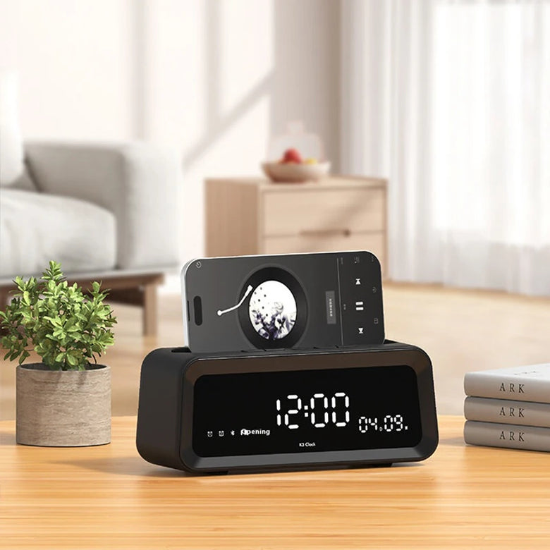 K3 Dual Alarm Clock Speaker Wireless bluetooth 5.4 Speakers with HD Digital Display 57mm Speaker Deep Bass Support TF Card Playback FM Radio Phone Bracket Portable Speakers