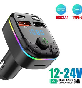 Car Charger Bluetooth 5.0 FM Transmitter PD Type-C Dual USB Ambient Player MP3 Charger Type-C Wireless Light Handsfree