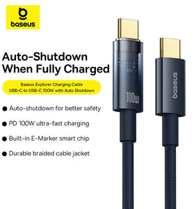 Baseus Explorer Series PD100W Type-C to Type-C Cable Fast Charging Data Transmission Copper Core Line 1M/2M Long for iPhone 15 15 Plus for Huawei Pura 70 Ultra for Xiaomi Civi4 Pro