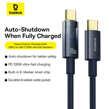 Baseus Explorer Series PD100W Type-C to Type-C Cable Fast Charging Data Transmission Copper Core Line 1M/2M Long for iPhone 15 15 Plus for Huawei Pura 70 Ultra for Xiaomi Civi4 Pro