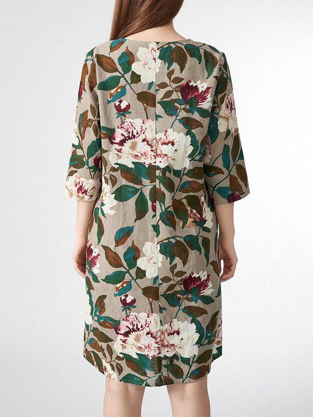 Allover Flower Leaves Print V-neck 3/4 Sleeve Dress