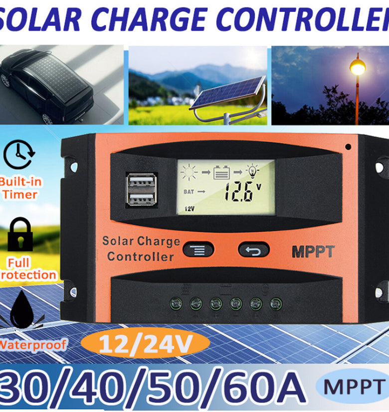 12V/24V MPPT Solar Panel Charge Controller Regulator 30-60A Dual USB Output