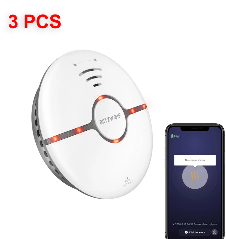[3 PCS] BlitzWolf BW-IS7 WiFi Smoke Sensor LED Indicator 360 Sensing Fire APP Remote Alarm