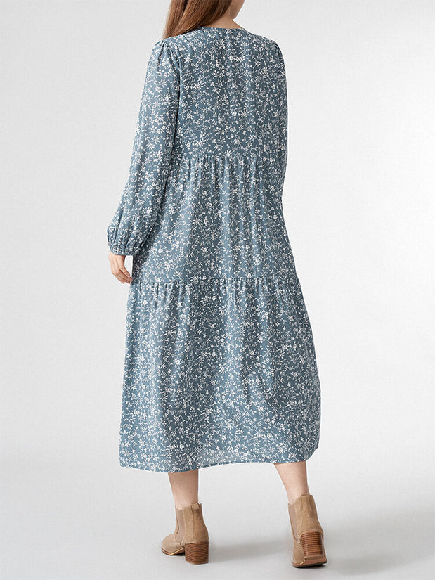 Allover Floral Print Button Front V-neck Long Sleeve Dress