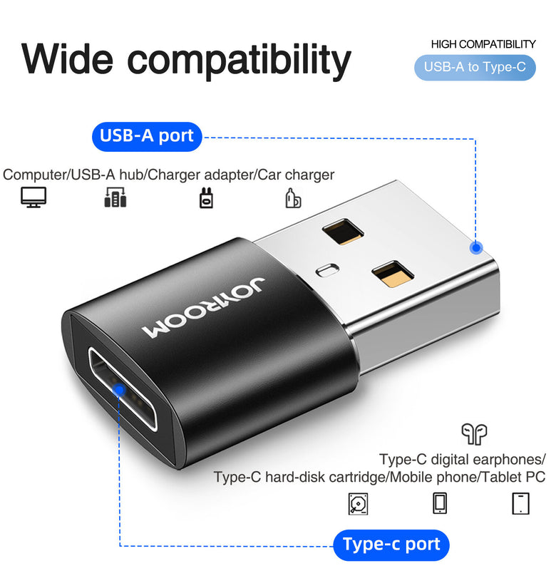 [2 Pcs] JOYROOM USB To USB-C 3A Charging Adapter Converter for Samsung Galaxy Note S20 ultra Huawei Mate40 OnePlus 8 Pro