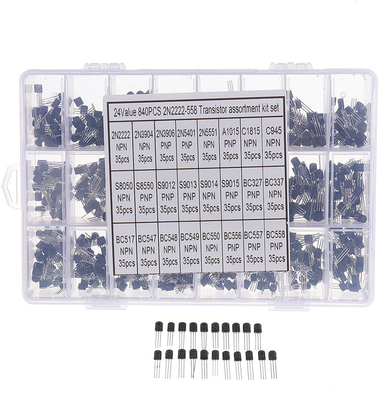 Aemedy 840pcs 24Values TO-92 Transistor Assortment Kit BC327 BC337 BC547 transistor 2N2222 3904 3906 C945 PNP/NPN Transistors Pack