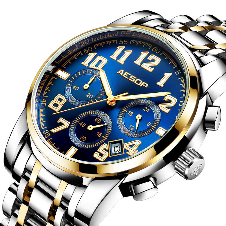 Aesop 1008G Classic Business Style 3ATM Waterproof Men Watch Leather Strap Quartz Watch