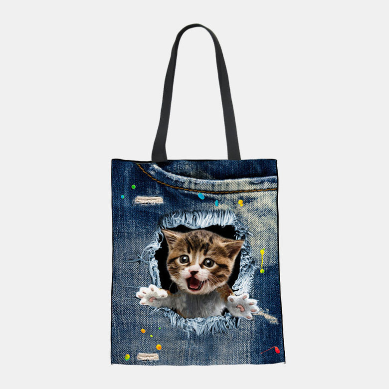 Women Canvas Breaking Hole Denim 3D Cute Cat Dog Pattern Casual Outdoor Handbag Shoulder Bag Tote