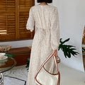 Allover Radom Floral Print Long Sleeve Tie Crew Neck Dress
