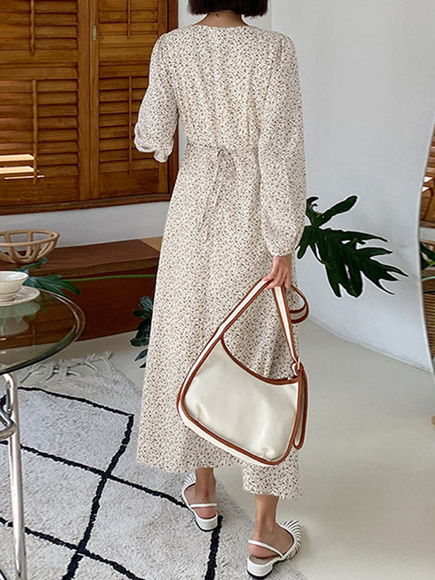 Allover Radom Floral Print Long Sleeve Tie Crew Neck Dress