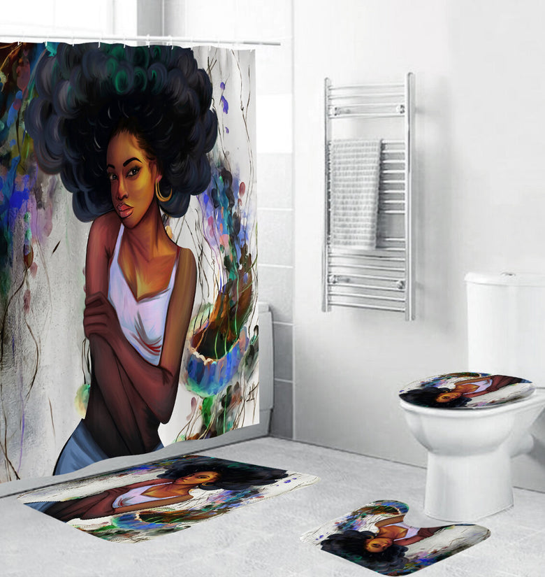 African Girl Shower Curtain Fabric Bathroom Curtains Set Non-slip Bath Mat Toilet Pad Carpet for Bathroom Decor