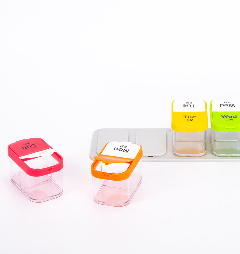 AIMO 14 Cells Weekly Pill Organizer Open Left and Right Friendly Travel 7 Day Pill Box Case 2 Times a Day Large Compartment for Medication