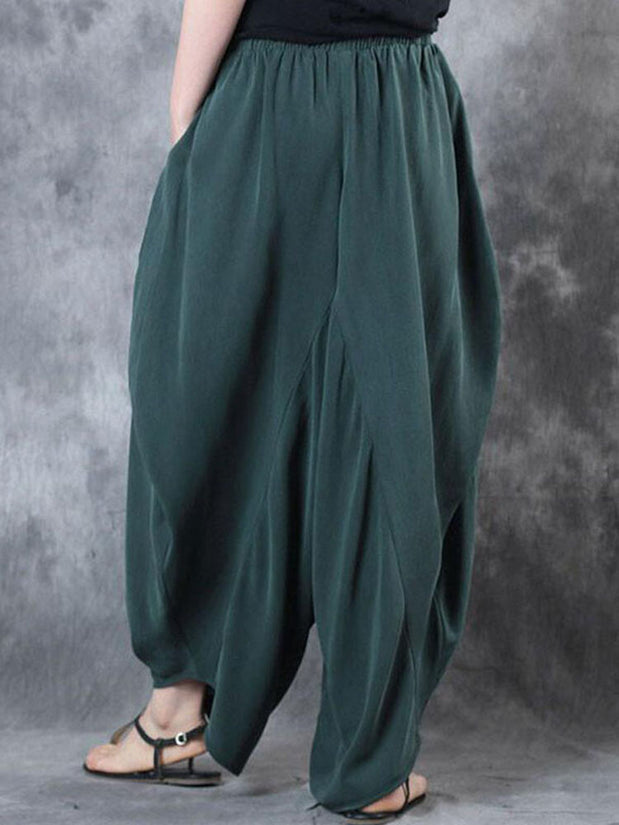 Women High Elastic Waist Pure Color Loose Harem Baggy Pants