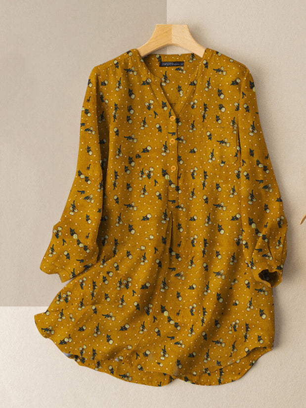Allover Floral Print Pocket Button Front V-neck Blouse